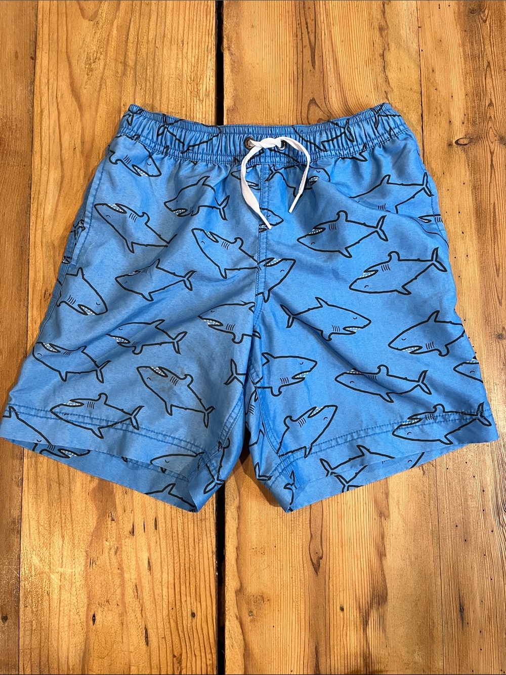 HANNA ANDERSSON 130 Blue Shark Print Swimming Trunks Long Fit Lined